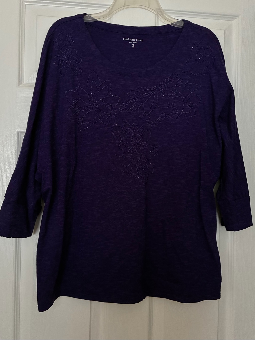 Coldwater Creek Purple Floral Embroidery and Beading Scoop Neck Top XL EUC